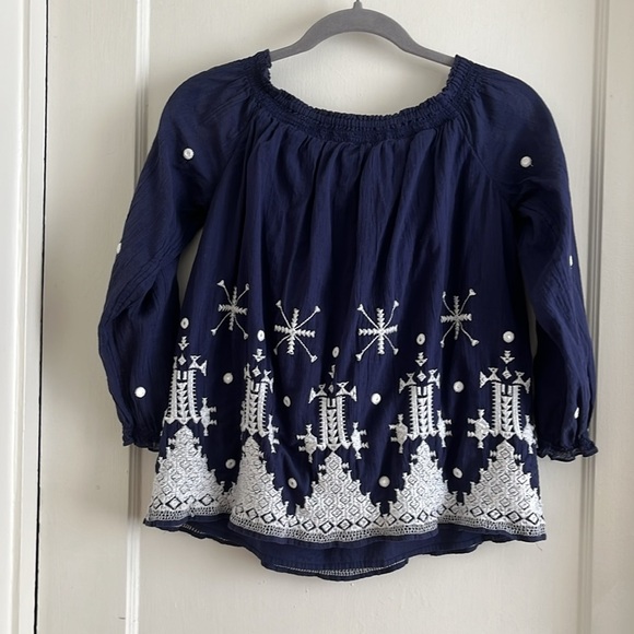 Joie Kistine 100% Cotton Navy Blue & White Embroidered Blouse Peasant Top XS - Picture 3 of 14
